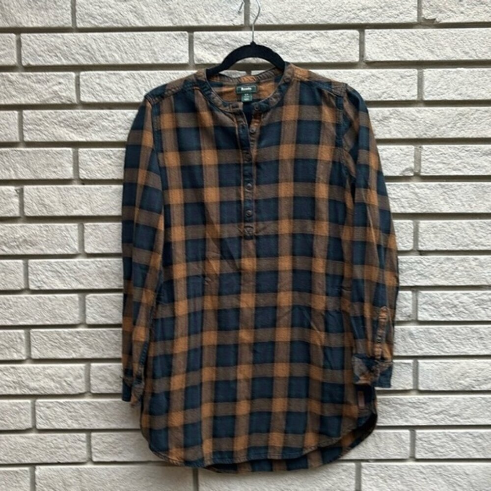 Roots Plaid Flannel Tunic Top Tan/Brown/Navy Sz S